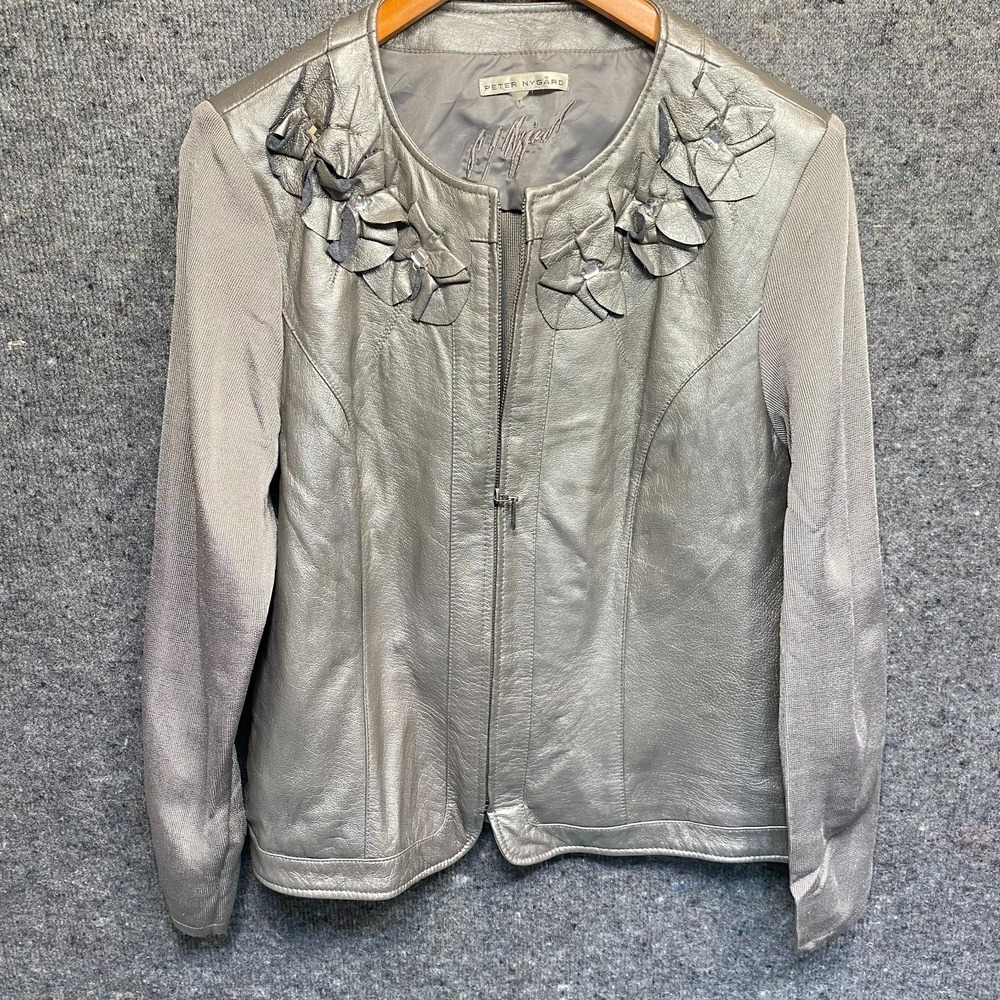 Peter Nygard Metallic Silver Leather Jacket Floral Applique Zip Knit Sleeves L